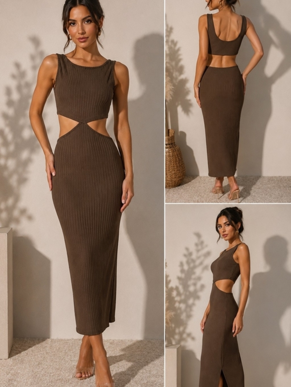 Princess Polly Brown Ribbed Cutout Midi Dress